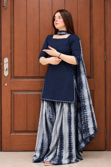 3pc Lawn Tye & Dye Summer Dress |Navy Blue